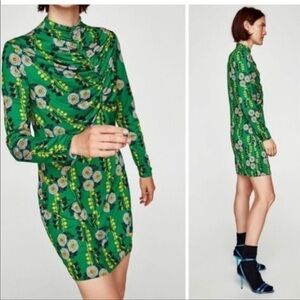 Zara Green Floral High‎ Neck Ruched Dress